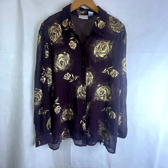 Apparenza Purple with Gold Metallic Roses Sheer Blouse Size XL - Picture 9 of 9
